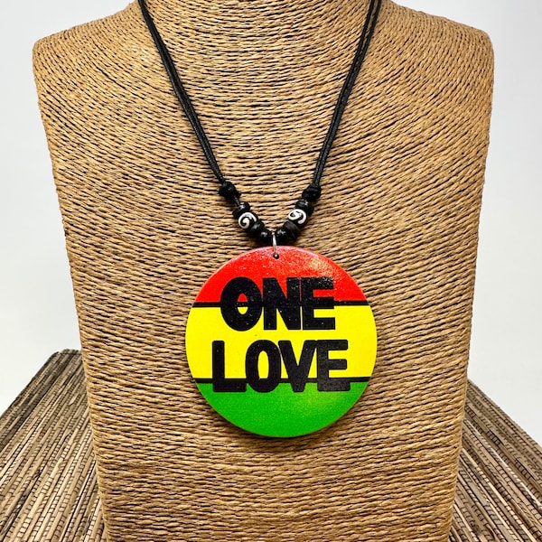 Handmade Rasta 'One Love' Wooden Pendant Necklace - Adjustable Black Cord, Unisex Design