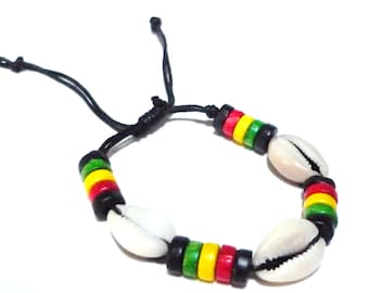 Rasta Hemp Bracelet - Black Hemp Bracelet With Wooden beads and Natural Seashells  - Handmade Design - Jamaican bracelet - Seashell Bracelet