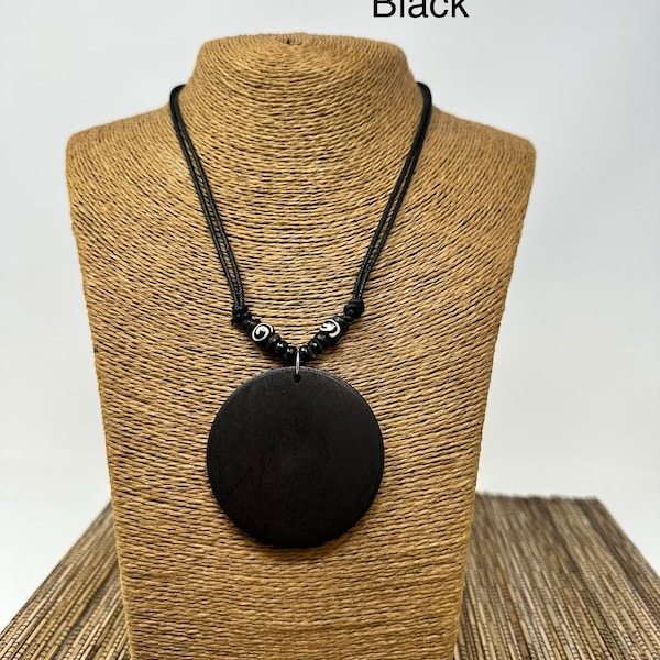 Circle Pendant Necklace, Black Circle Necklace, Wood Circle Pendant, Black Necklace, Black Pendant Necklace, Wooden Pendant, Wood Necklace