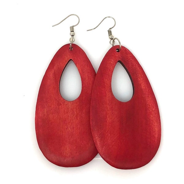 Red Earrings, Red Earrings Dangle, Red Teardrop Earrings, Red Tear Drop Earrings, Red Wooden Earrings, Red Wood Earrings, Dangle Earrings