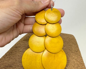 Yellow Earrings - Yellow Wooden Earrings - Yellow Wood Earrings - Dangle Earrings - Yellow Circle Earrings -Geometric Earrings-Long Earrings