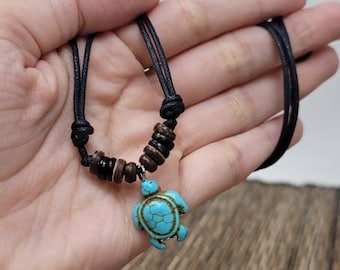 Turquoise Turtle Necklace - Turtle Chocker - Turquoise Tortoise Necklace - Turquoise Turtle Pendant Black Cord Black Beads - Beach Necklace