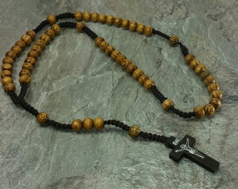Beautiful Handmade Macrame Rosary Necklace - Dark Brown Cord and Natural Wood Beads