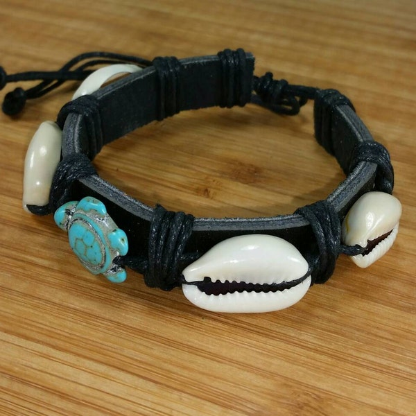 Turquoise Turtle Bracelet - Cowrie Shell Bracelet - Turquoise Tortoise Bracelet - Black Leather Bracelet-Turtle and Sea Shell Bracelet Cowry