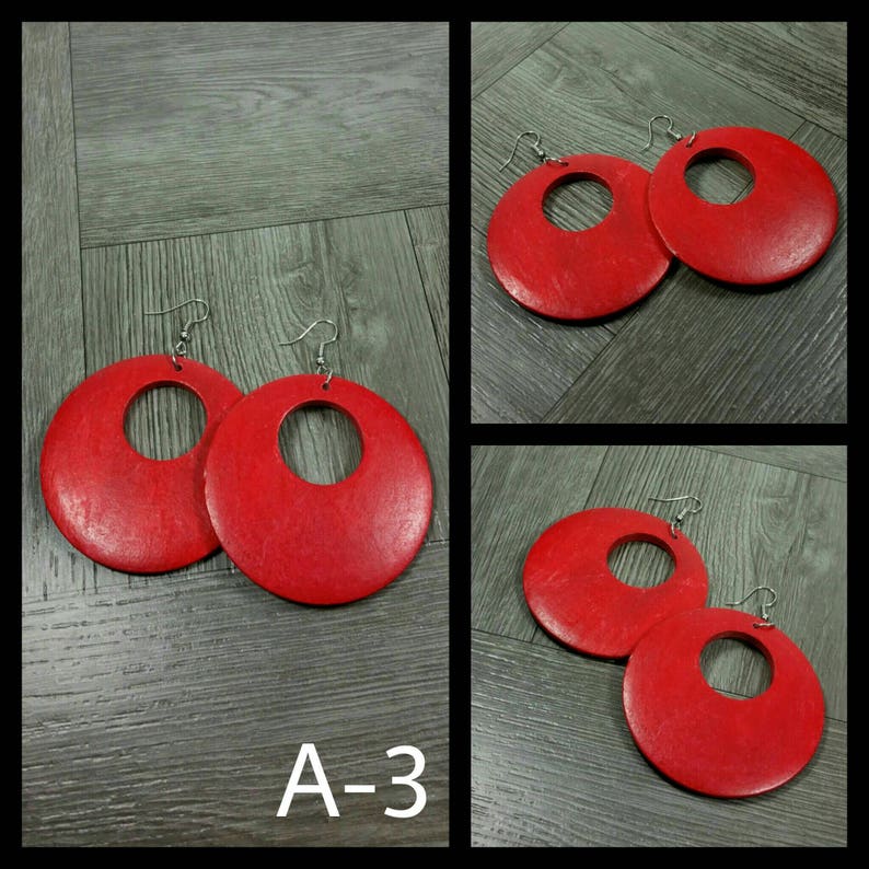 Red Circle Earrings Dangle Earrings Red Earrings Red Wooden Earrings Red Wood Earrings Geometric Earrings- Long Earrings