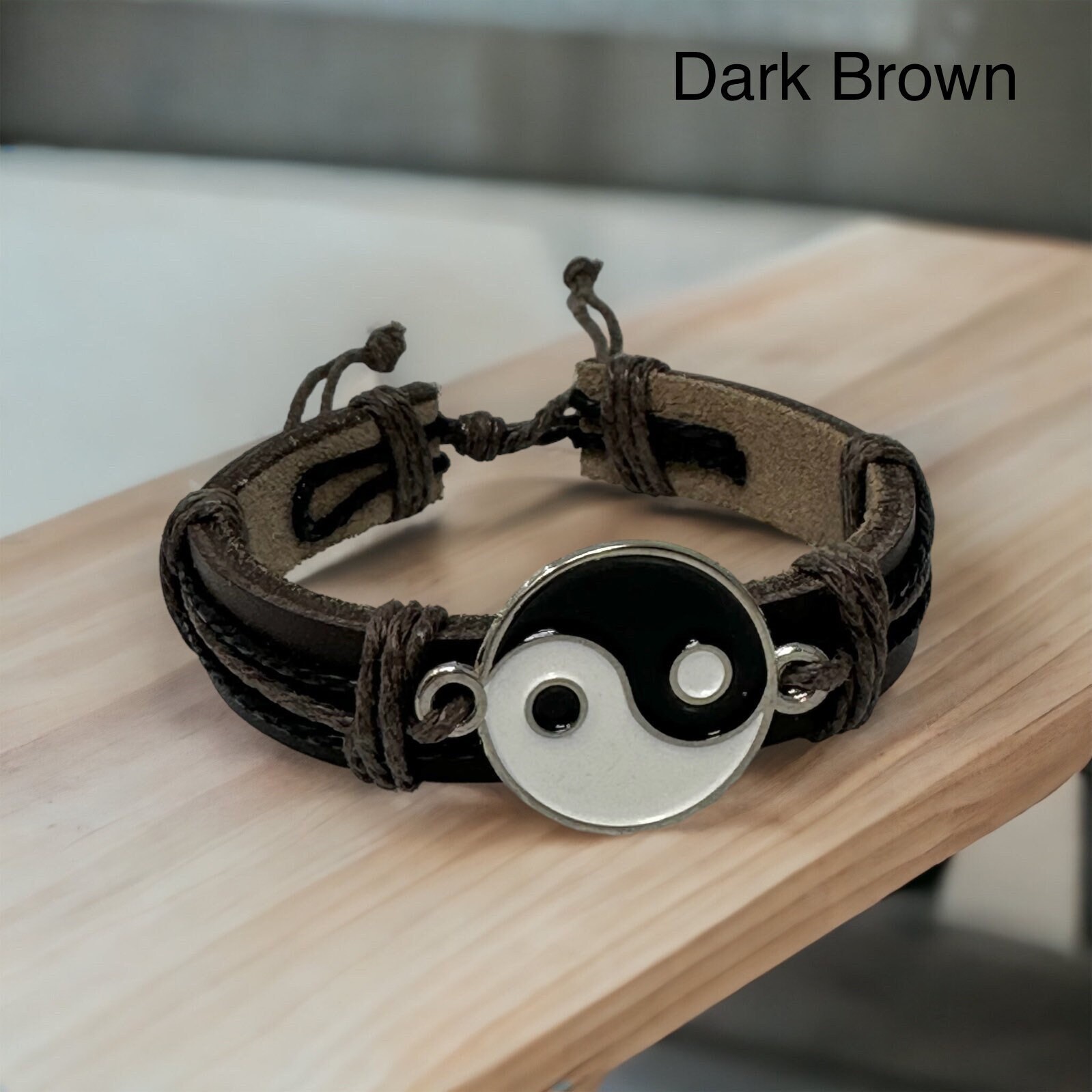 Sterling Silver Yin Yang Bracelet Taoist Balance Symbol with Genuine Leather