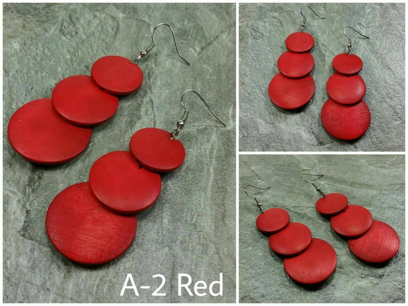 Red Circle Earrings Dangle Earrings Red Earrings Red Wooden Earrings Red Wood Earrings Geometric Earrings- Long Earrings