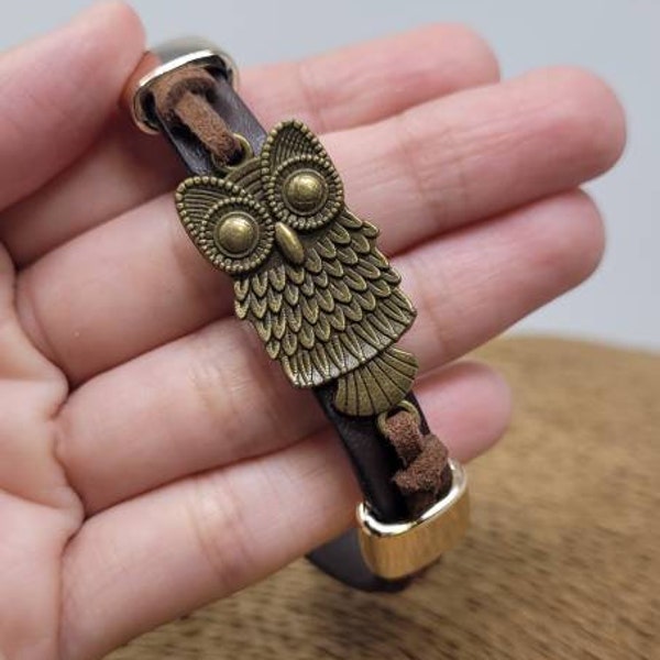 Owl Bracelet, Bracelet Owl, Owl Leather Bracelet, Owl Gift, Handmade Leather Bracelet, Wisdom Bracelet, Buho, Owl Jewelry, Night Owl Cuff