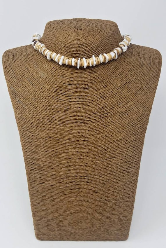 White Puka Shell Necklace Wood and Seashell Necklace White and