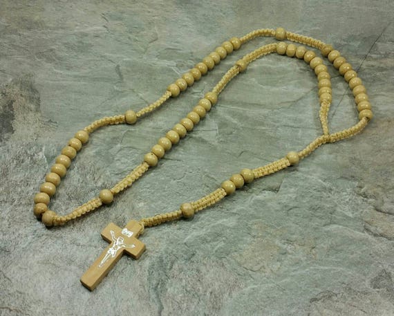 Wooden Rosary Necklace Beige Handmade Macrame Rosary Necklace