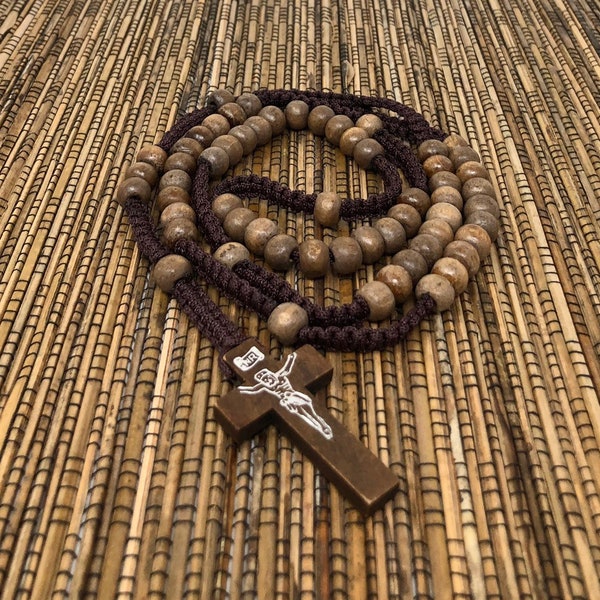 Brown Rosary Necklace - Beautiful Handmade Macrame Rosary Necklace - Dark Brown Cord and Natural Wood Beads