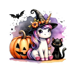 Peut inclure: Illustration à l'aquarelle d'une licorne d'Halloween portant un chapeau de sorcière, assise à côté d'une citrouille sculptée et d'un chat noir. La licorne a une crinière rose et violette et une corne dorée. Une chauve-souris vole en arrière-plan.