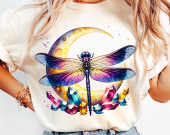 Watercolor Dragonfly PNG: Celestial Moon & Crystals (Digital Download)