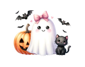 Coquette Halloween PNG: Ghost, Black Cat & Bow Clipart (Digital Download)