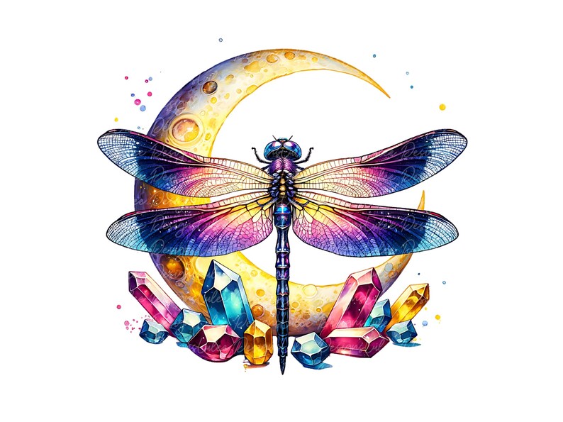 Watercolor Dragonfly PNG: Celestial Moon & Crystals (digital Download ...