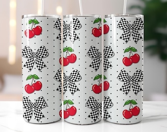 Coquette Cherry Tumbler Wrap: Lace & Checkers Sublimation Design (PNG Digital Download)