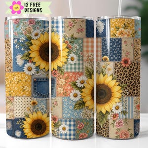 Puede incluir: Tres vasos de acero inoxidable con un diseño de patchwork con girasoles, margaritas, bolsillos de mezclilla y estampados florales. Los vasos tienen una pajita y el texto "12 FREE DESIGNS" en una flor.