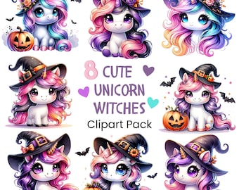 Könnte beinhalten: Eine Sammlung von acht niedlichen Einhorn-Hexen-Clipart-Bildern. Jedes Einhorn ist mit bunten Haaren, einem Hexenhut und einige mit einem Kürbis dargestellt. Das Bild enthält den Text "8 Cute Unicorn Witches Clipart Pack".