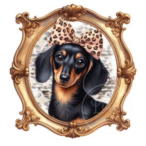 Puede incluir: Ilustración digital de un perro salchicha con pelaje negro y canela, con un lazo con estampado de leopardo, enmarcado en un marco dorado ornamentado. El fondo tiene un patrón moteado y neutro. La imagen está etiquetada con información de resolución y tipo de archivo.