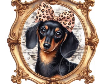 Black & Tan Dachshund PNG, Coquette Leopard Bow Dog Portrait in Ornate Gold Frame, Vintage Baroque Pet Design for Shirts, Sublimation