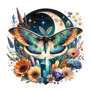 Op de afbeelding: Een kleurrijke illustratie van een mot met open vleugels, tegen een nachthemel met een maan en sterren. De mot heeft iriserende vleugels, omringd door bloemen en kristallen. Het kunstwerk heeft een grillig fantasiethema.