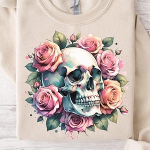 Floral Skull Sublimation PNG: Watercolor Roses Clipart (Digital Download File)
