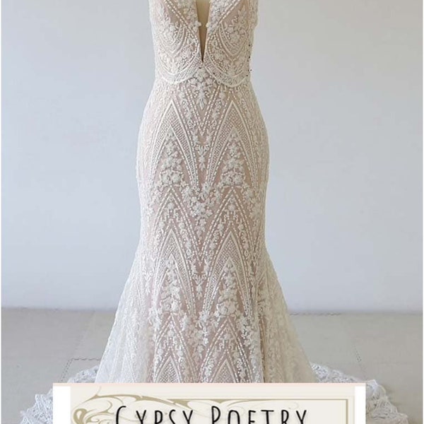 NudeToned Lace, Heavily Beaded, Mermaid Wedding Dress