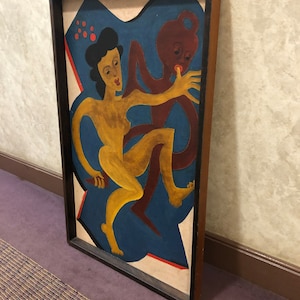 John Sweeney 1947 Odd Figural Mid Century Modern Surrealist Oil on Board Painting