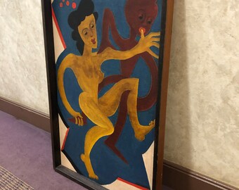 John Sweeney 1947 Odd Figural Mid Century Modern Surrealist Oil on Board Painting