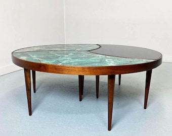 AMAZING Mid Century Modern Exquisite 3 Section Marblelized Glass and Walnut 42” Coffee Table