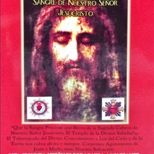 Könnte beinhalten: Ein rotes und weißes religiöses Bild mit einer Dornenkrone und einem blutenden Herzen. Das Bild trägt den Titel "Coronilla de la Preciosísima Sangre de Nuestro Señor Jesucristo". Der Text unter dem Bild lautet "Que la Sangre Preciosa que Brota de la Sagrada Cabeza de Nuestro Señor Jesucristo, El Templo de la Divina Sabiduría, El Tabernáculo del Divino Conocimiento y Luz del Cielo y de la Tierra nos cubra ahora y siempre. Corazones Agonizantes de Jesús y María, sean Nuestra Salvación. ESTA SEGUNDA VISIÓN ES POR MI VIDA AGONIZANTE Prometo Besar con on Sangre Preciosa cualquer lugar donde se encuentre ésta saga Habek paz y serenidad es les almas y sorazones de todos aqucios que me adrese con esta imagen (Jesús, 3 de Julio, 1998)"