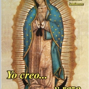 May include: A painting of the Virgin Mary wearing a blue robe and a gold halo. The text "Yo creo... y rezo" is written below the image. The text "Con los misterios luminosos" is written in the top right corner.