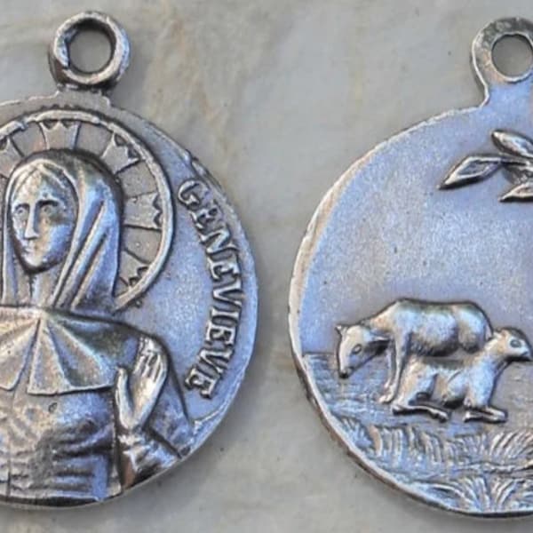 MEDAL, St. Genevieve, Patron of Paris and Disasters/PEACE - Sheep, Staff and Olive Branch