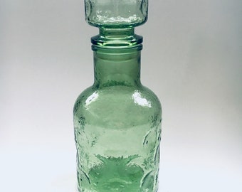 Empoli Pinched Pale Green Glass Decanter Bottle w Stopper, Italy 1960's.