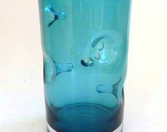 Vintage Art Glass Blue handblown Pinched Nipple Vase 1960's Belgium