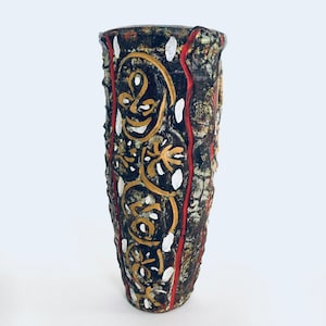 RARE Brutalist Design Art Pottery Studio Painted Vase, Belgium 1960&#39;s