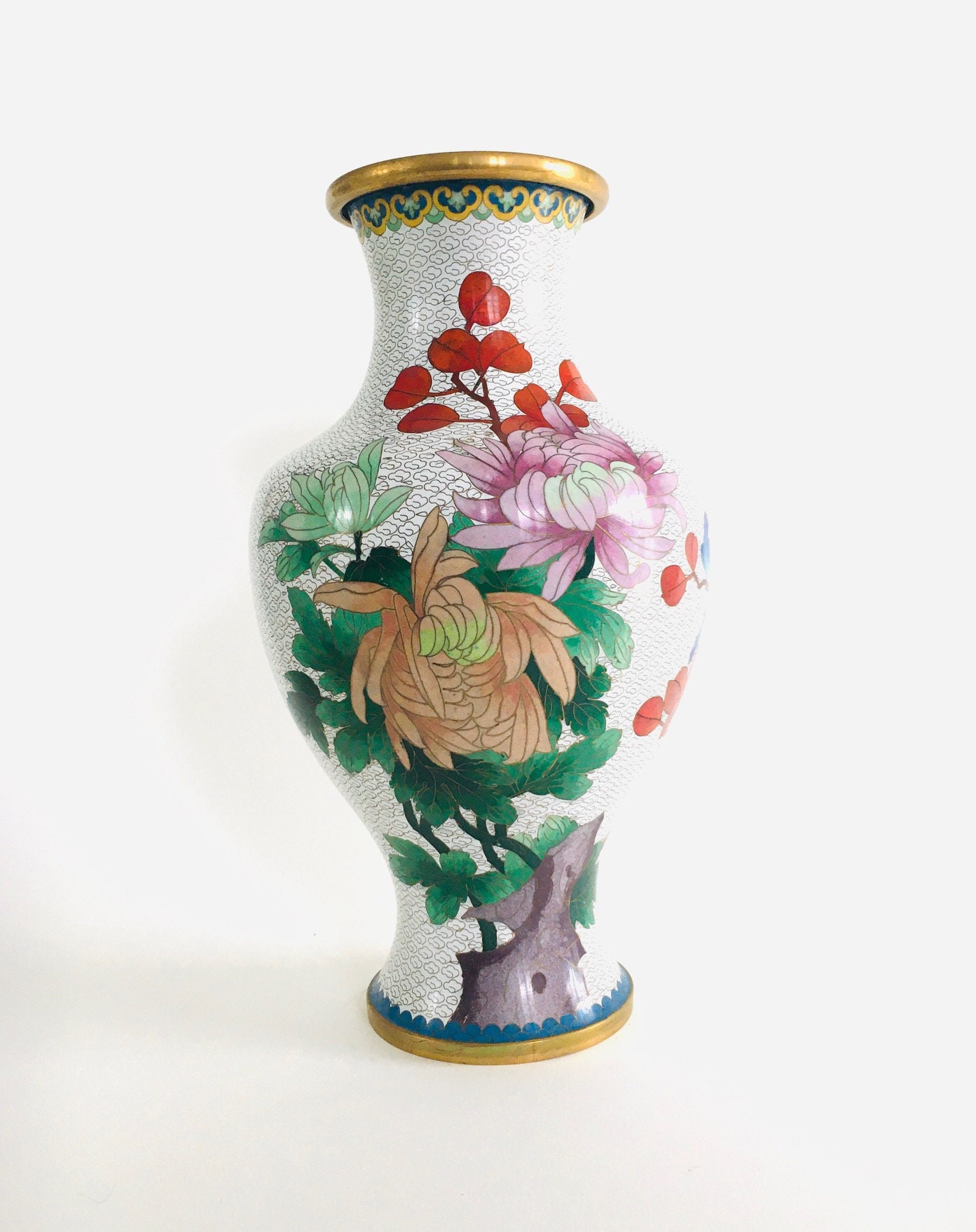 1960 große weiße Blume illustriert chinesische Cloisonné | Etsy