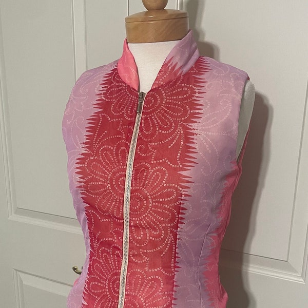 Vintage 1990's Y2k Elvis Jesus and Co. Couture Padded Silk and Poly Chiffon Pink Asian Kimono Printed Vest