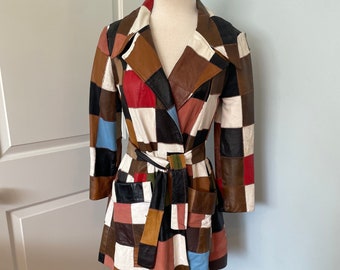 Vintage 1970's Patchwork Multicolored Leather and Suede Hippie Wrap Jacket Coat