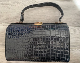 Vintage 1940's Cheney of England Top Handle Faux Alligator Black Patent Leather Handbag Purse