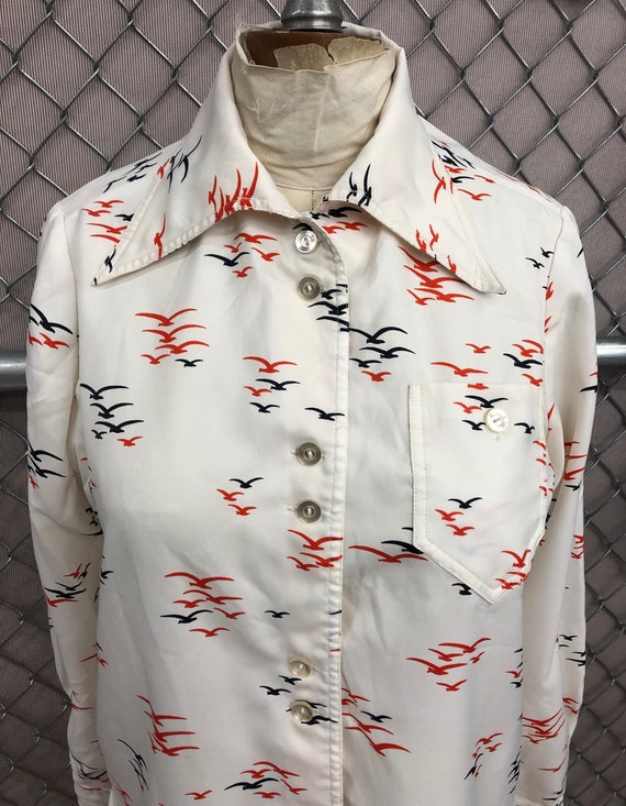 Vintage 1970's Ladies Polyester Nautical Bird Blo… - image 1