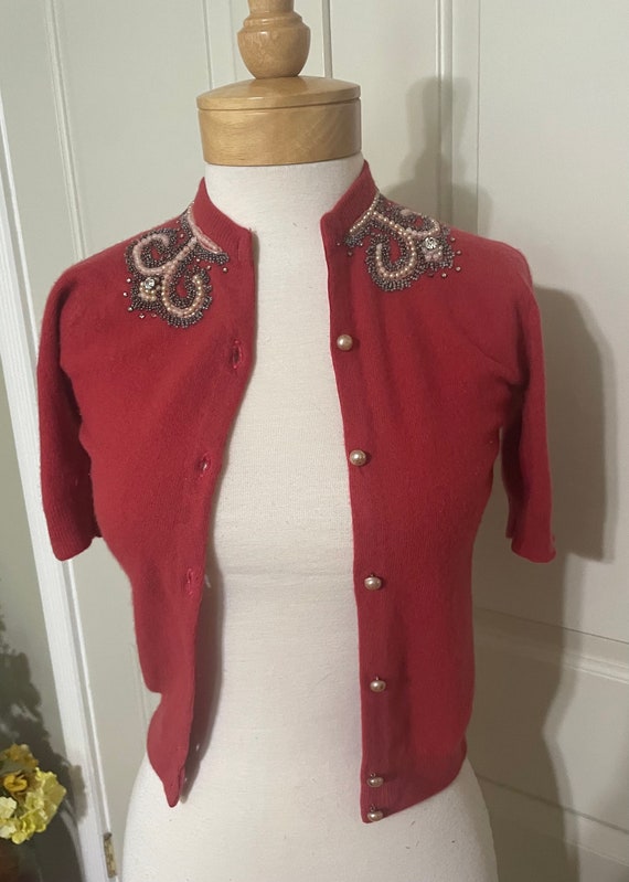 Vintage 1950's Coral Red Beaded and Embellished Sh