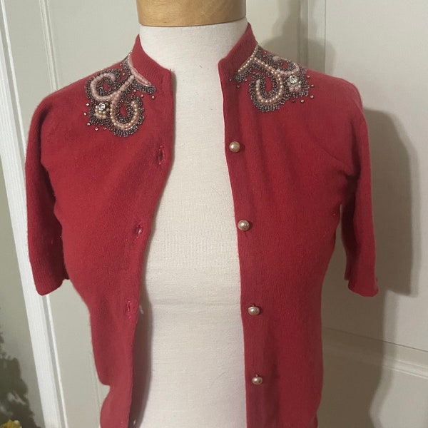 Vintage 1950's Coral Red Beaded and Embellished Short Sleeve Cashmere Cardigan - small