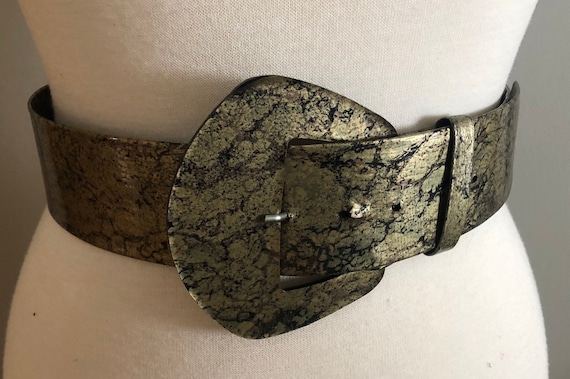 Vintage Gold and Black Snakeskin Wide Belt Vintage 70s Snakeskin Belt, Black & Gold Art Deco Buckle, 26  main image 3