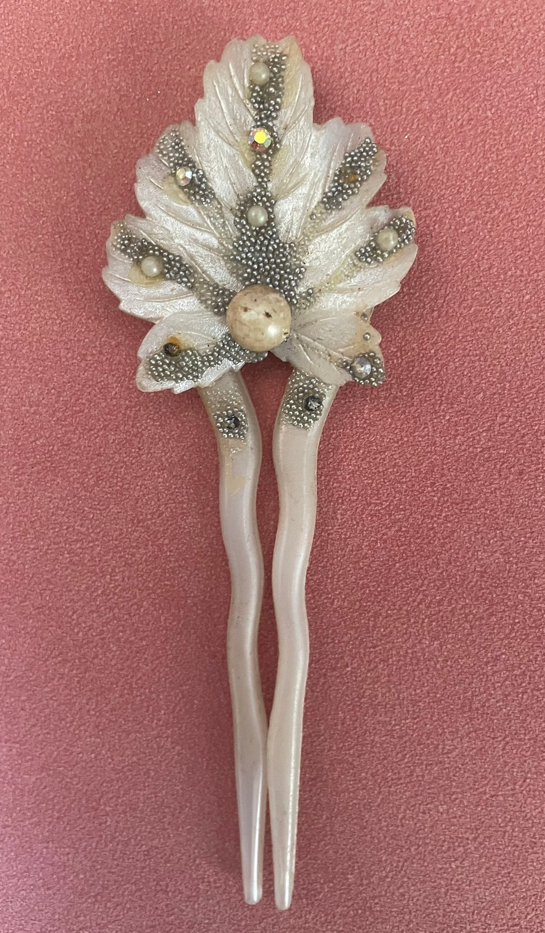 Vintage Art Deco Celluloid Rhinestone Floral Hair Sticks Set Amazon.com : Lurrose Rhinestone Pearl Flower Hair Stick  main image 4