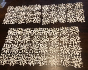 Vintage 1960's White Cotton Crochet Hand Made Tablecloth With Matching Three Piece Buffet Set