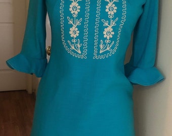Vintage 1960's Embroidered Turquoise Blue Linen Shift Dress - Small - Etsy Vintage 1960's Embroidered Turquoise Blue Linen Shift Dress - Small - Etsy