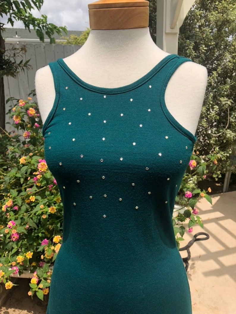 Amazing Vintage 1970/'s Forest Green Jersey Slinky Rhinestone Disco Tank Dress xssmall