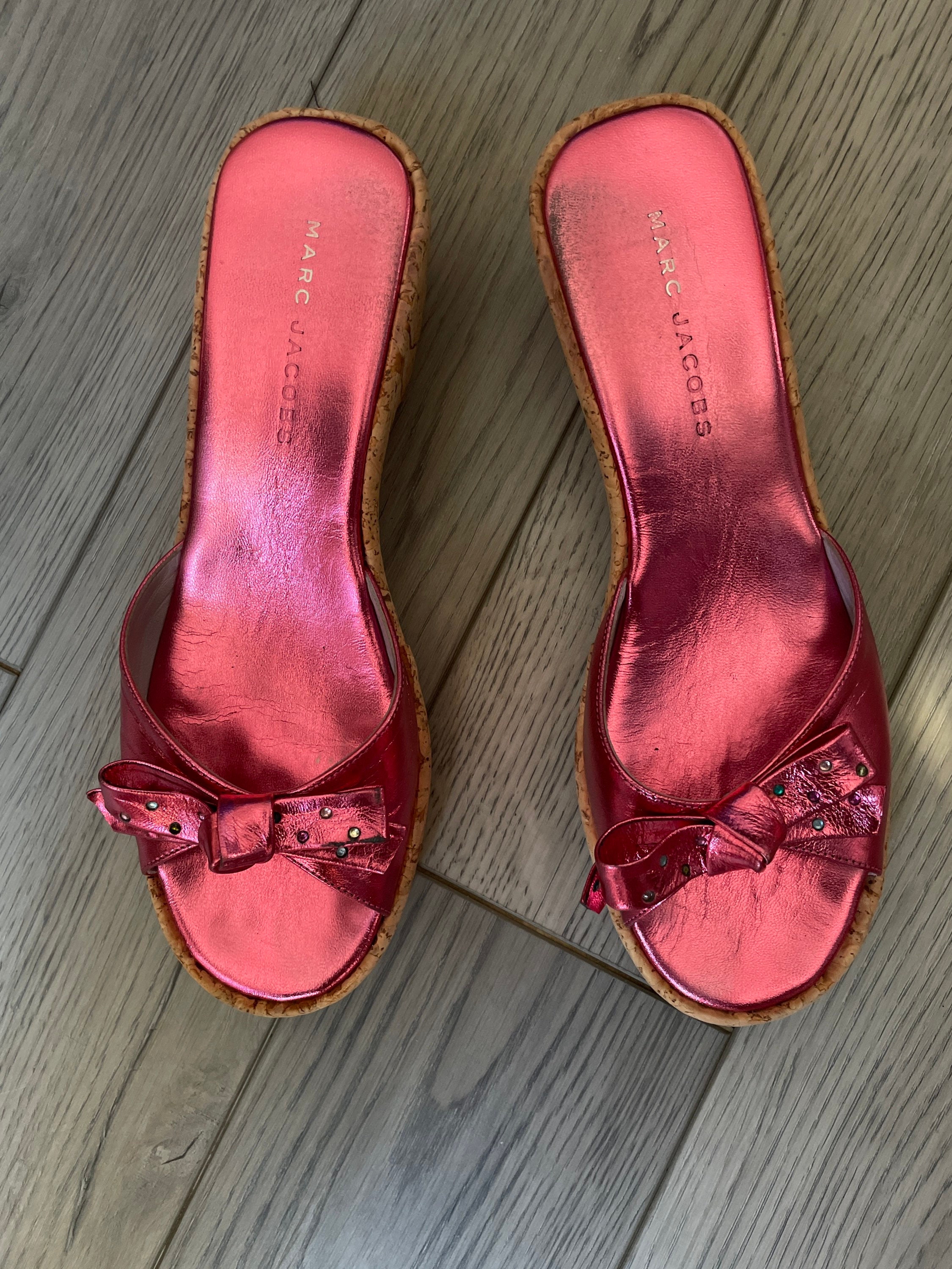 Vintage Y2K Marc Jacobs Metallic Pink Lame' Leather Cork Wedge Sandals Size Ladies 8
