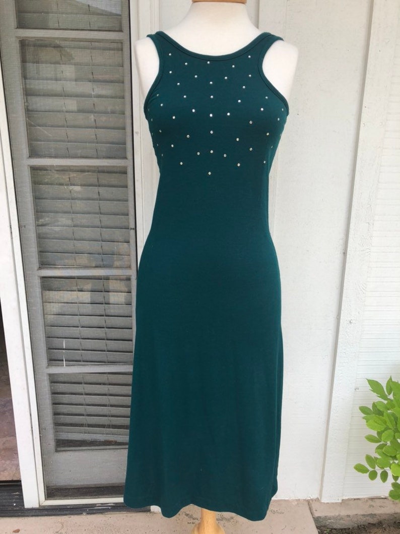 Amazing Vintage 1970/'s Forest Green Jersey Slinky Rhinestone Disco Tank Dress xssmall